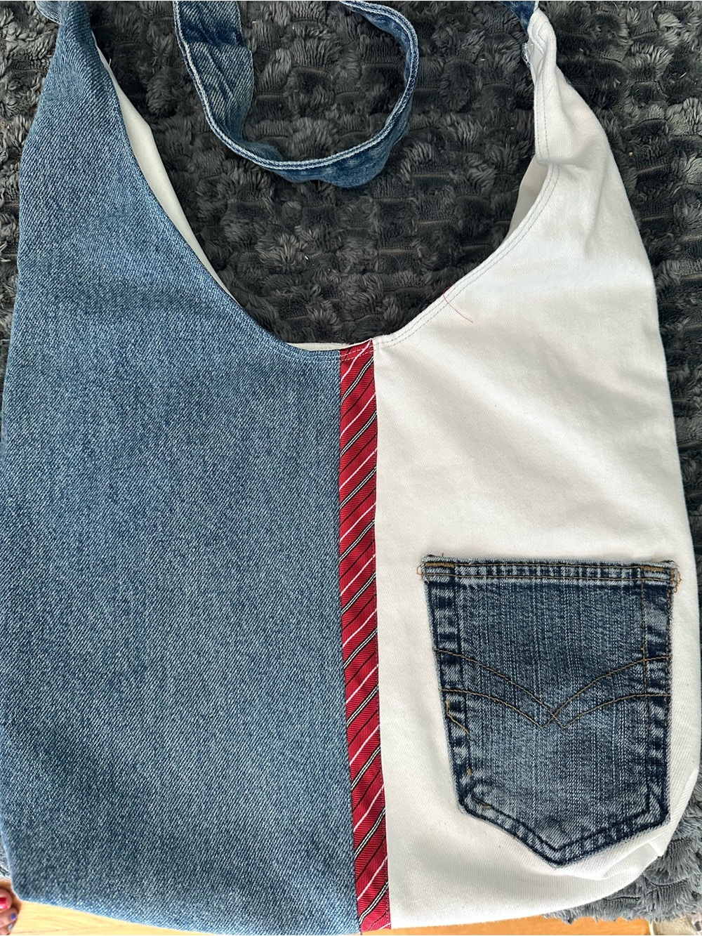 Denim & White Tote Bag with Red Stripe Accent
